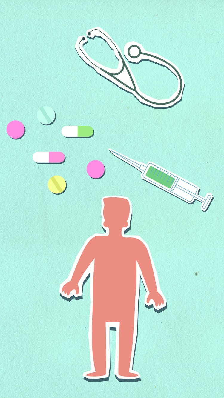 Cutout Paper Composition Of Person Under Medical Tools And Medications