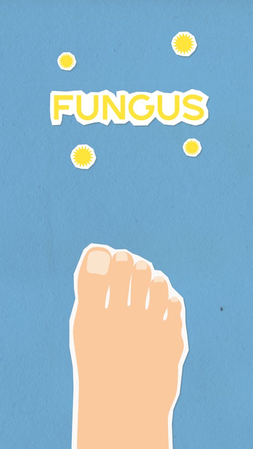 Top view of decorative cardboard appliques of foot and Fungus inscription between microbes on blue background