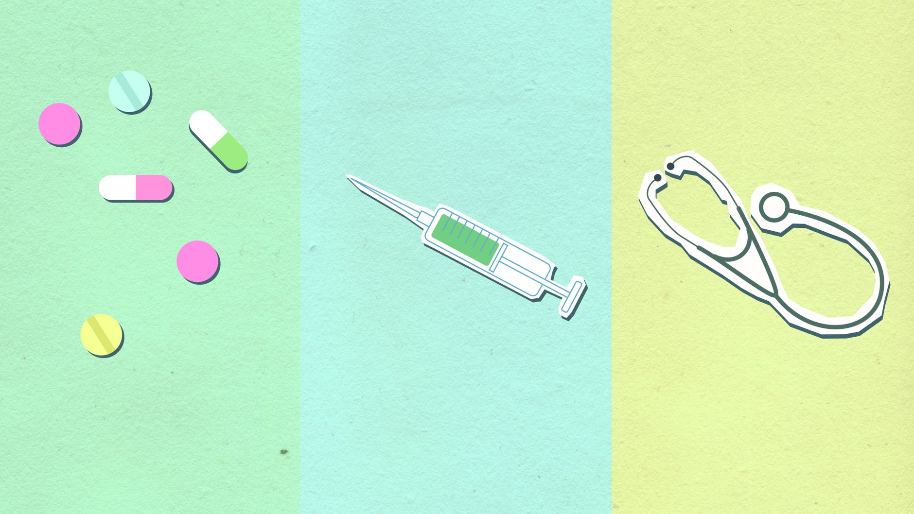 Top view of decorative cardboard appliques representing assorted medications near syringe with vaccine and stethoscope