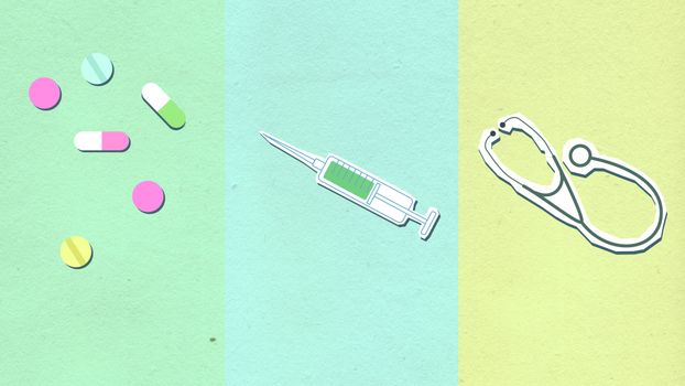 Top view of decorative cardboard appliques representing assorted medications near syringe with vaccine and stethoscope