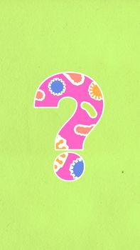 Overhead view of cardboard applique representing interrogative symbol with bacilli and infectious agents on green background