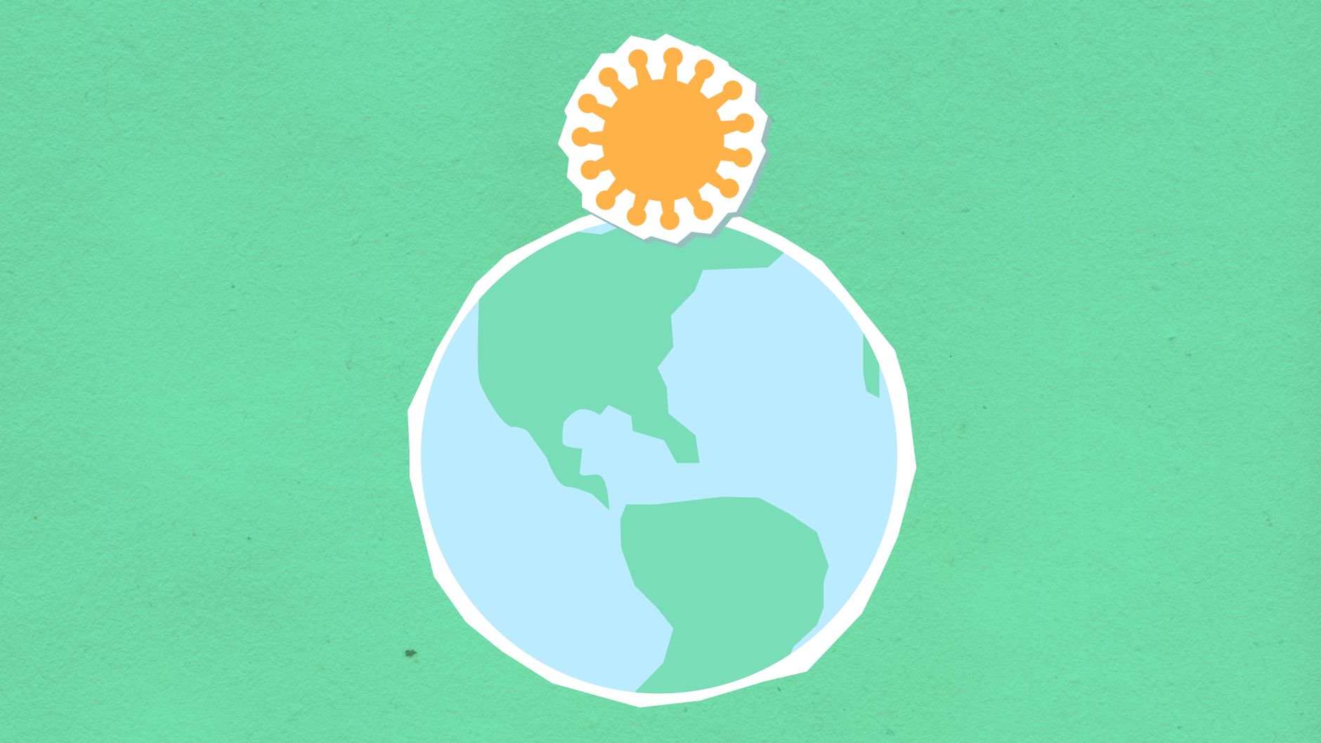 A minimalist illustration of Earth with a sun above it on a teal background.