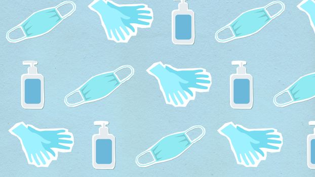 High angle of cutout paper appliques of disposable gloves with medical masks and bottles of antibacterial gel on blue background