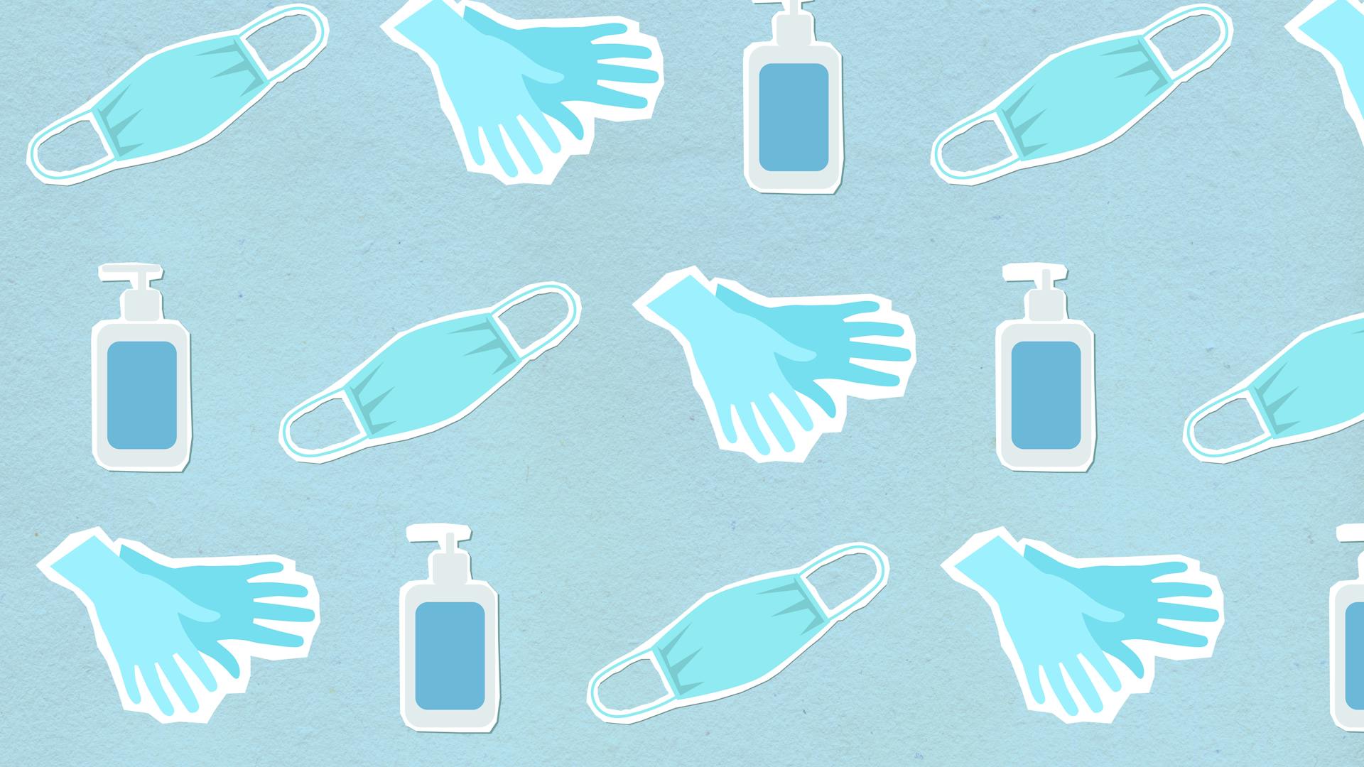 High angle of cutout paper appliques of disposable gloves with medical masks and bottles of antibacterial gel on blue background