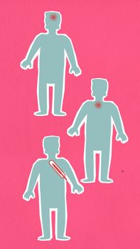 Decorative cutout paper appliques of human figures with headache and sore throat during coronavirus pandemic on pink background