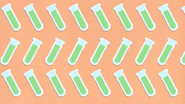 Top view of textured backdrop representing rows of identical chemical flasks with substance for analysis on orange background
