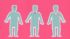 Cardboard illustration of human figures with viruses causing aches  and thermometer indicating fever during COVID 19 pandemic on pink background