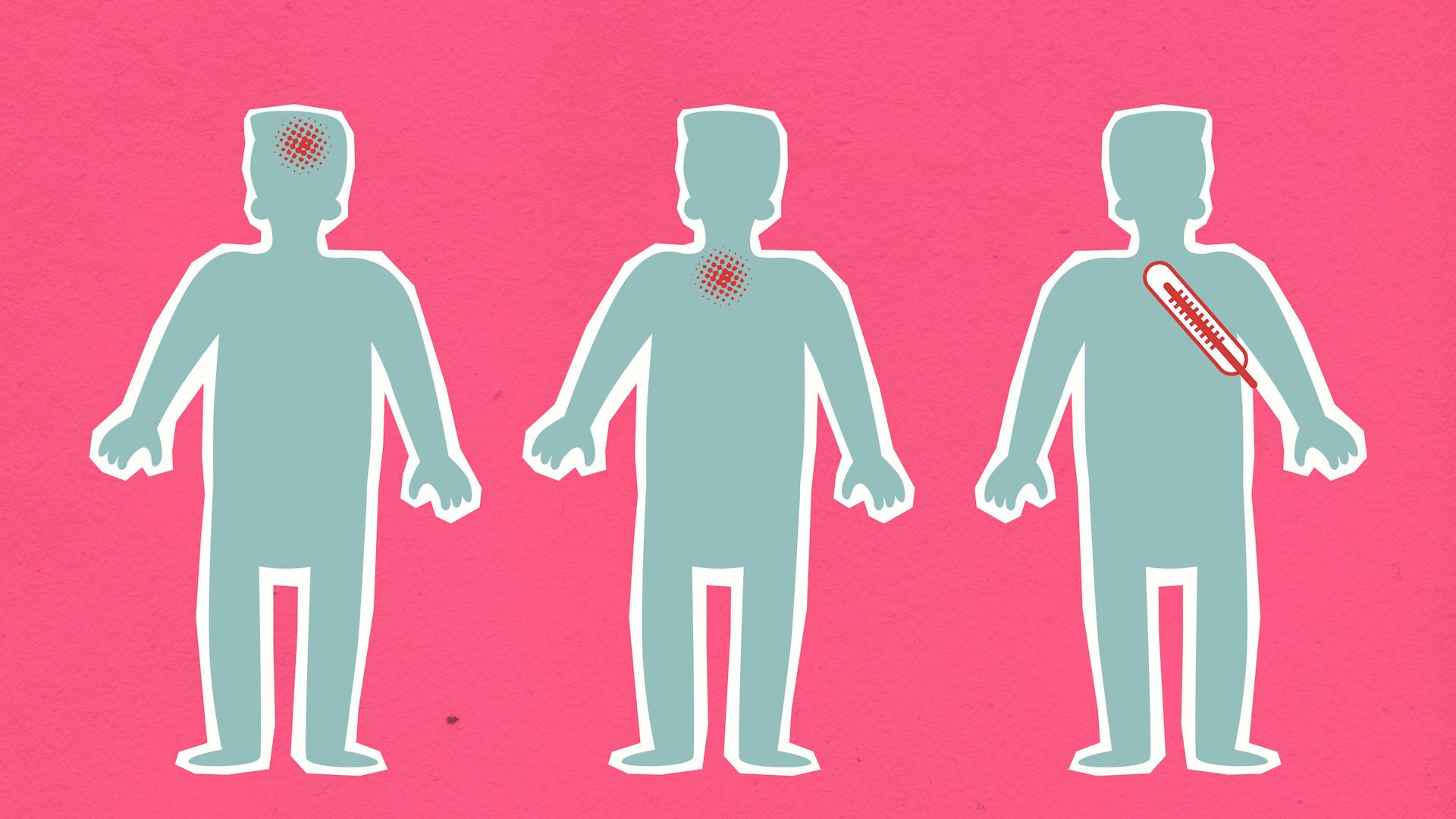 Cardboard illustration of human figures with viruses causing aches  and thermometer indicating fever during COVID 19 pandemic on pink background