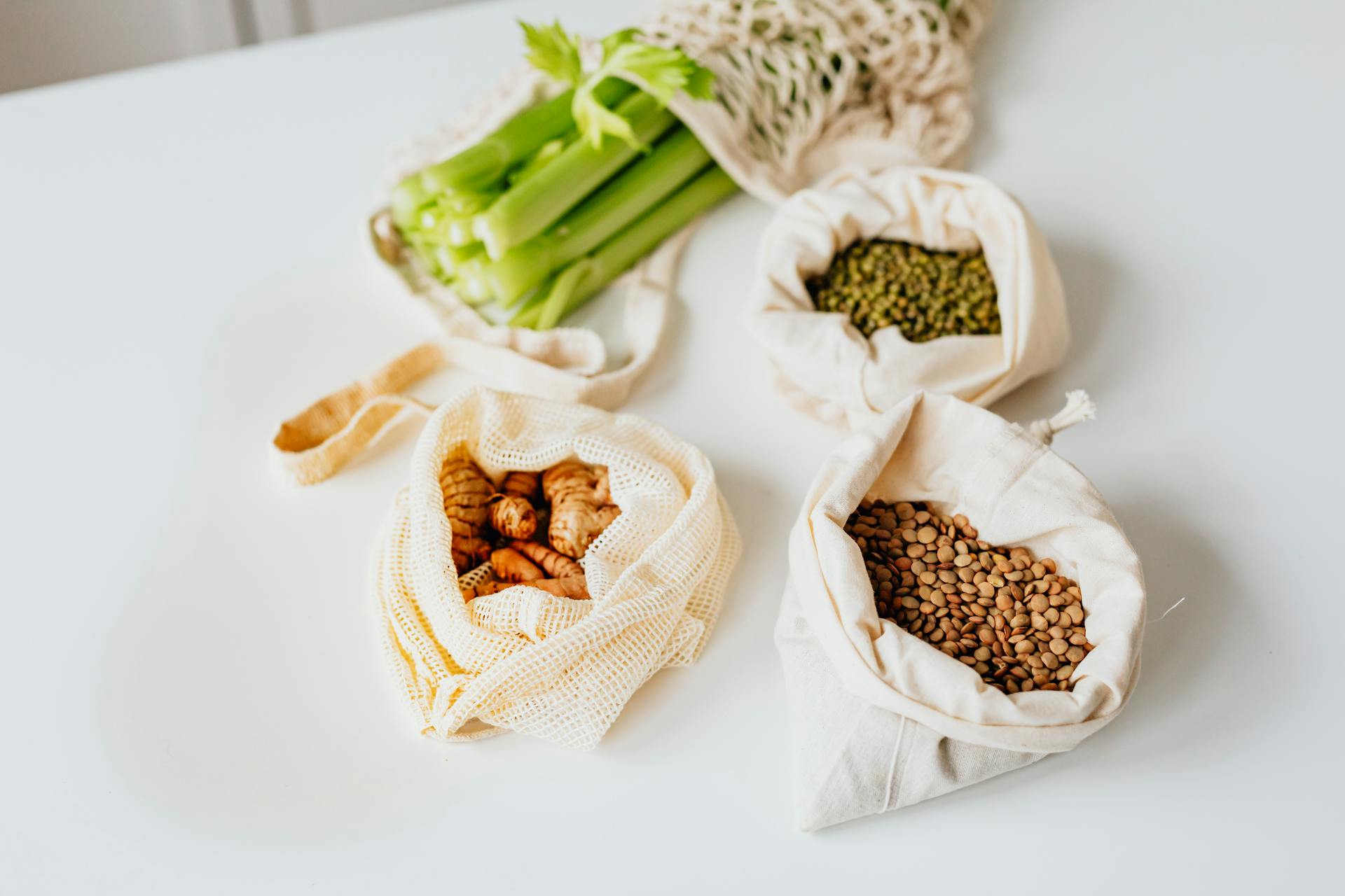 Bags of Food on a White Table