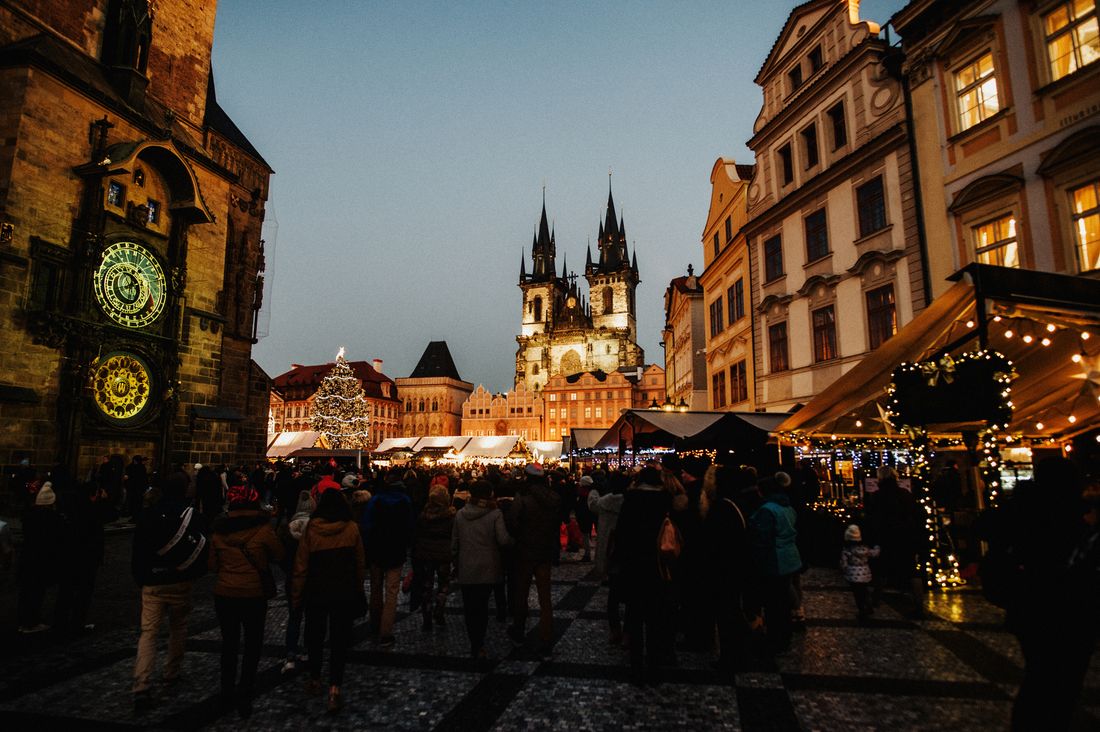 Christmas market and festive lights in Prague Old Town Square
