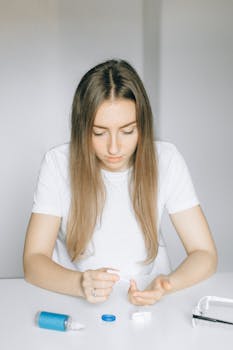 Woman in white shirt managing contact lenses at a table with lens solution.