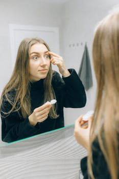 Young woman applying contact lenses while looking in a bathroom mirror, indoors.