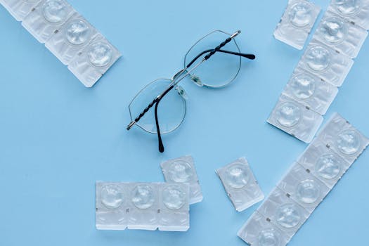 Eyeglasses and contact lenses on a blue background. Concept of eye care and vision correction.