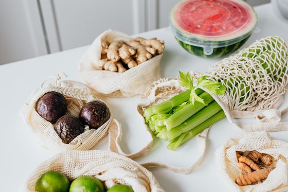 Fresh produce packed into reusable mesh bags