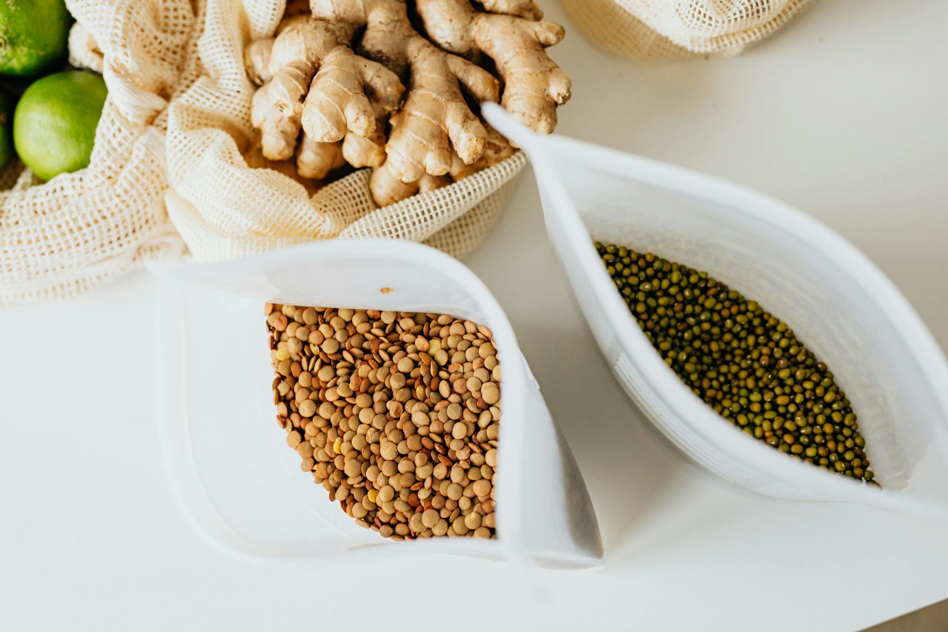 High Angle Shot of Cereal and Beans inside of White Plastic