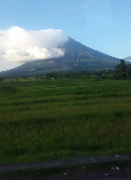 Gratis lagerfoto af Mayon-vulkanen, rismarker, skyer baggrund