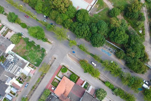 Aerial view of a tree-lined street and neighborhood in Montería, Córdoba, Colombia.