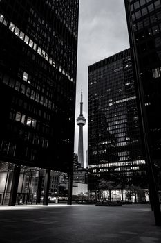 Monochrome cityscape featuring the CN Tower framed by skyscrapers in downtown Toronto.