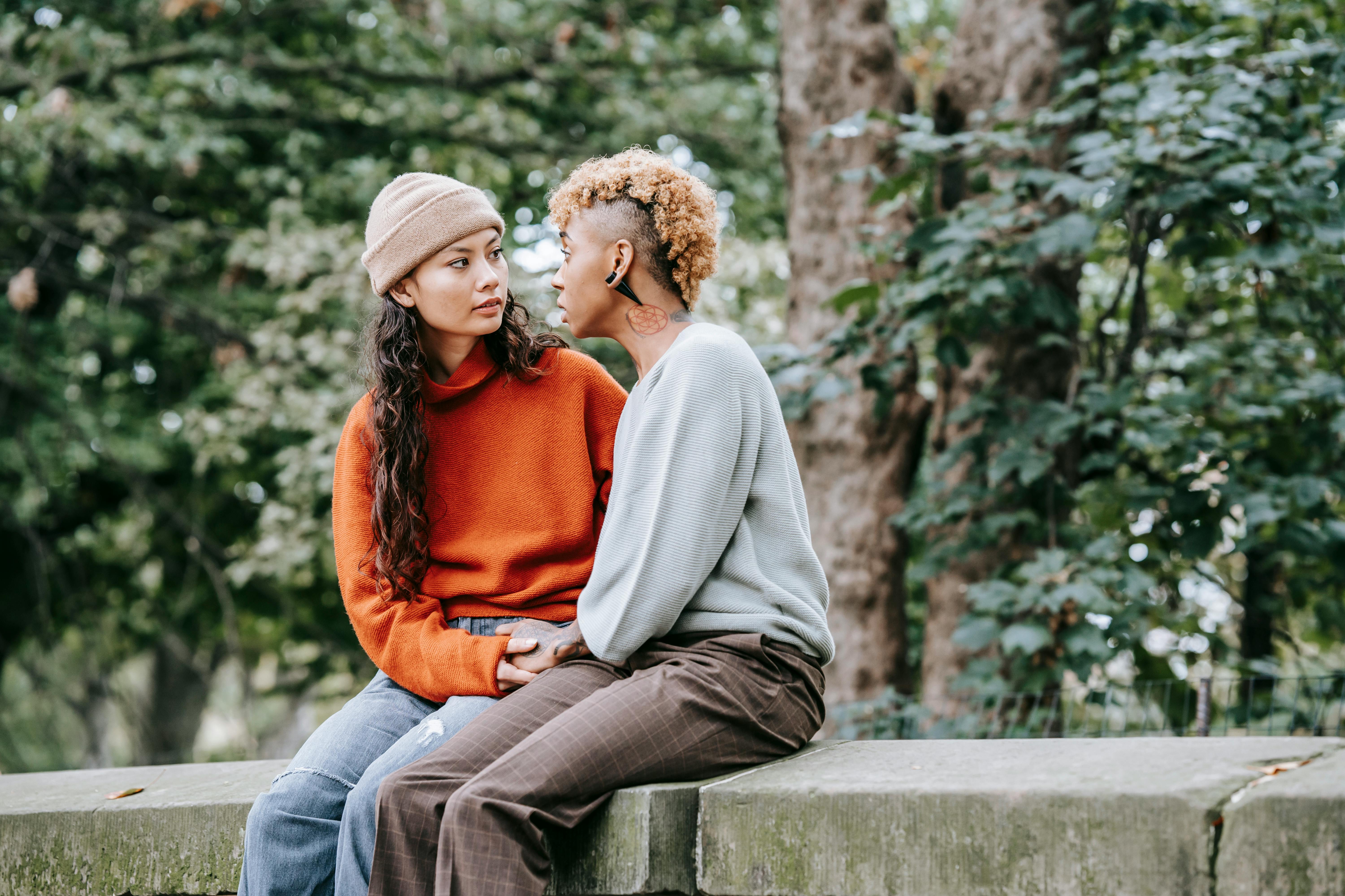 multiracial lesbian women talking on stone fence