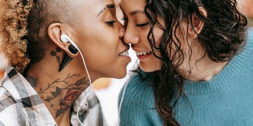 Free A close-up portrait capturing a tender moment between two women in love. Stock Photo