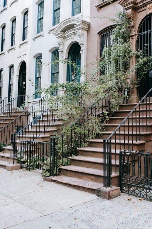 Exterior of old buildings with classic facades and stairs with metal railings under green plants