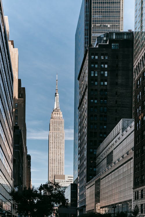 View of Empire state building with tower through narrow alley with modern buildings and glass facades against blue sky in city