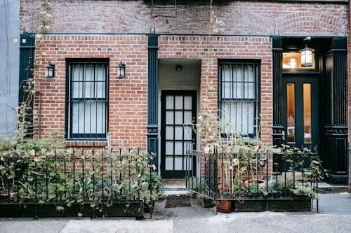 Porch of building with brick wall