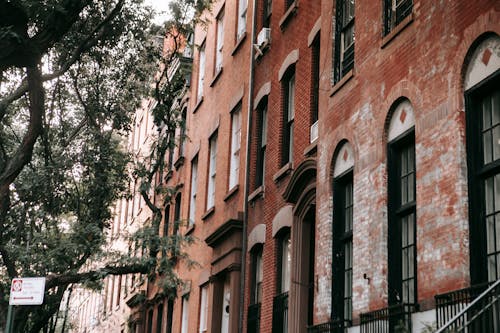 Low angle of exterior of aged brick residence with black frames of windows and stairways near green trees on street in suburb in soft daylight