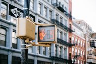 Modern traffic light on city street