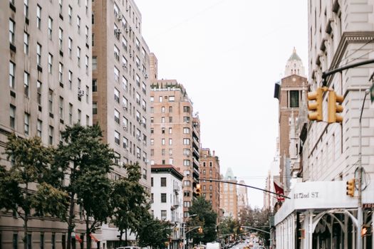 Vibrant street view showcasing the iconic architecture and bustling life of New York City's urban center.