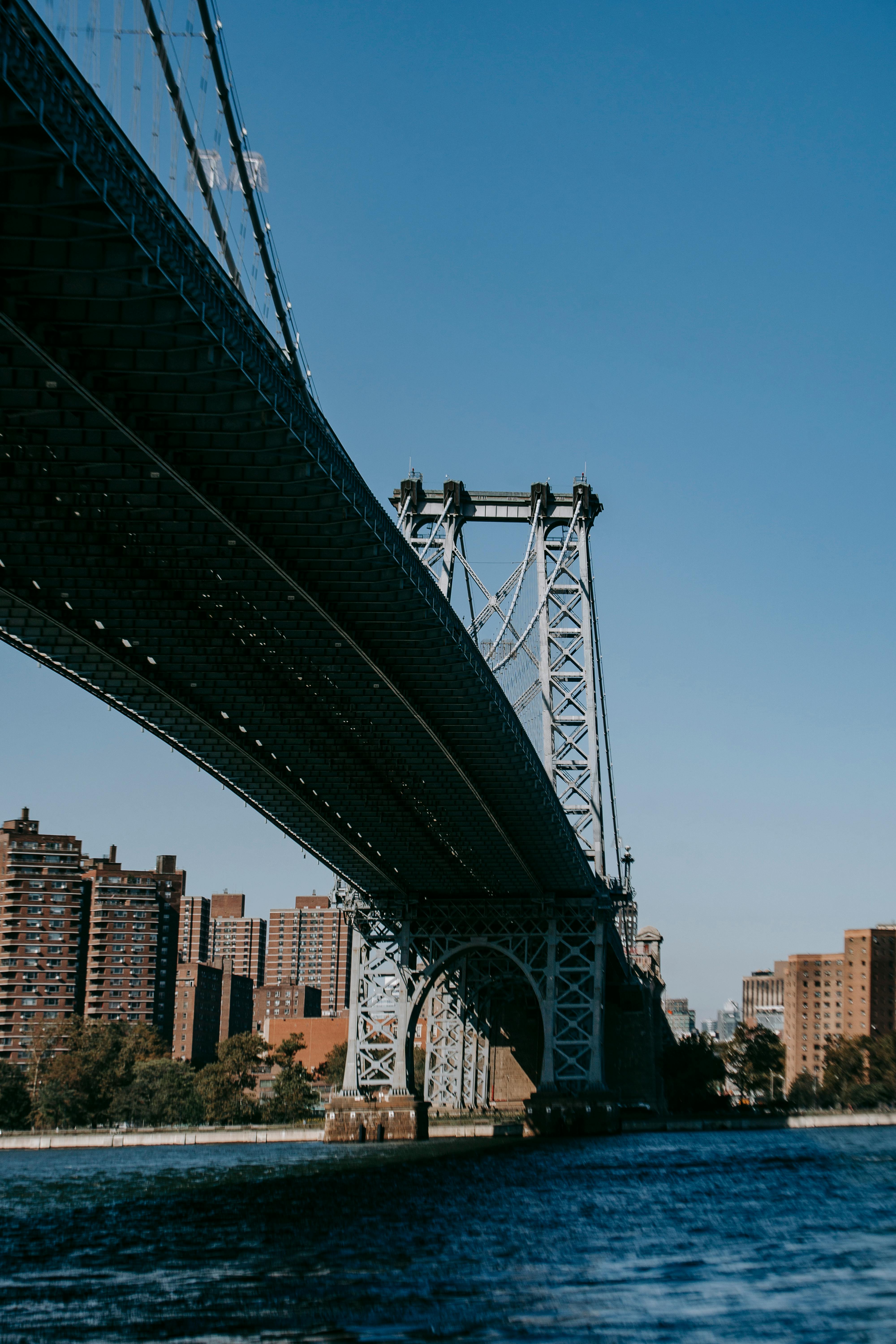 suspension bridge over rippling blue river