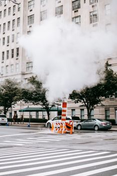 现代车辆停在市中心有标志线和斑马线的道路附近