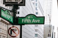 Metal post with direction indicator on avenue with high skyscrapers in New York