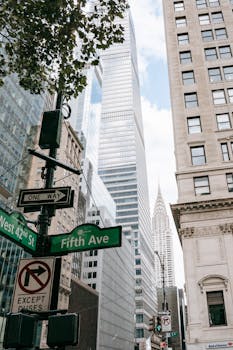 From below of crossroad signpost with traffic light located on street with modern skyscrapers in downtown of New York city