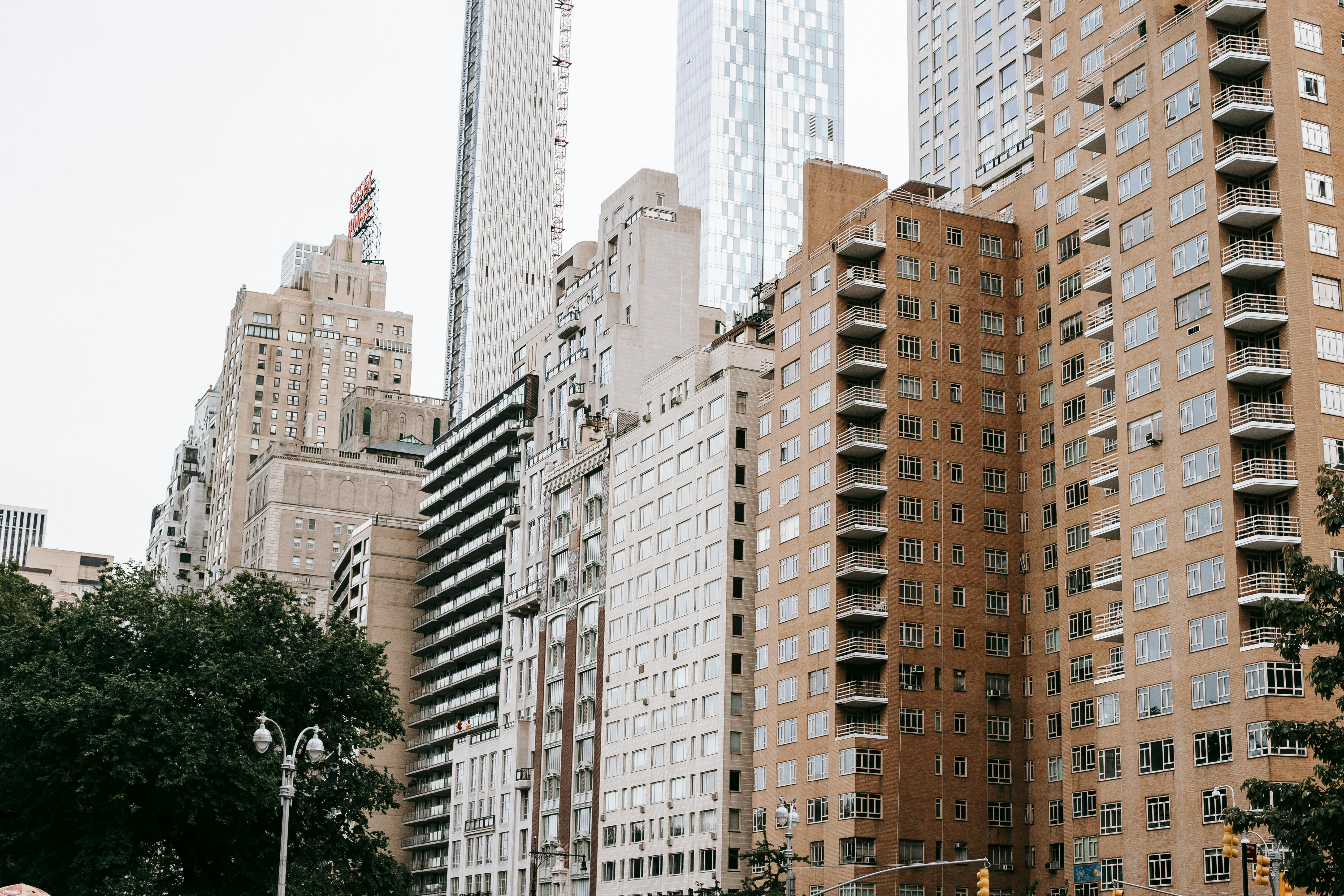 Facades of residential buildings located near modern skyscrapers on street in city with green trees against cloudless sky in financial district