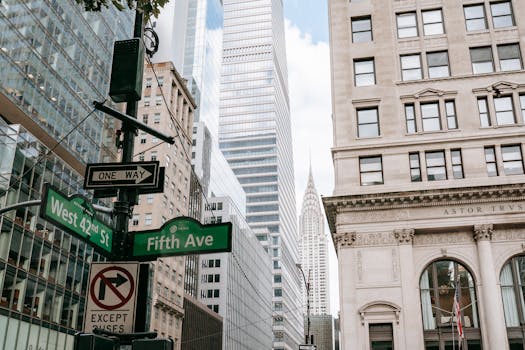 Low angle of road sign on pillar with traffic light located in city on avenue with modern skyscrapers and residential buildings