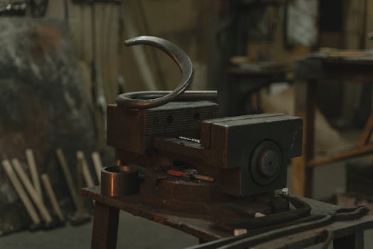 Close-up of metalwork equipment in an industrial workshop setting.