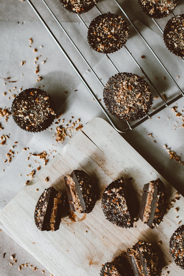 Chocolate Muffins On Cutting Board 