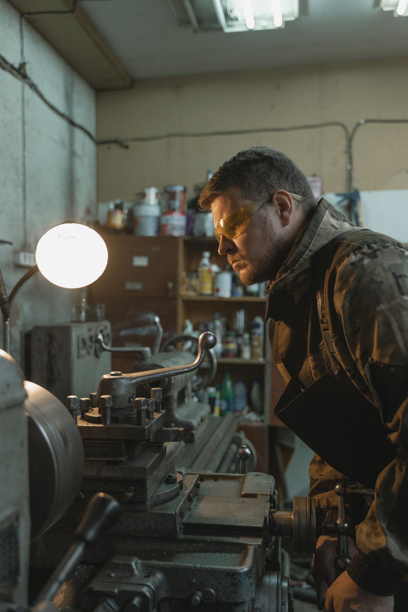 Machinist at work on a lathe