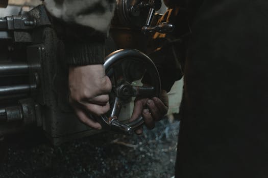 Close-up of hands operating a lathe machine in a workshop, showcasing precision metalwork.