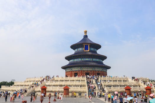 The iconic Temple of Heaven in Beijing, captured on a sunny day with vibrant crowds.
