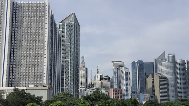 A vibrant modern city skyline featuring contemporary skyscrapers under a clear sky.