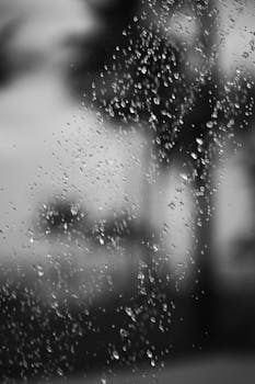 Artistic black-and-white close-up of water droplets on a glass surface, captured in high detail.