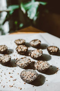 Indulgent chocolate cupcakes topped with sprinkles in natural light.