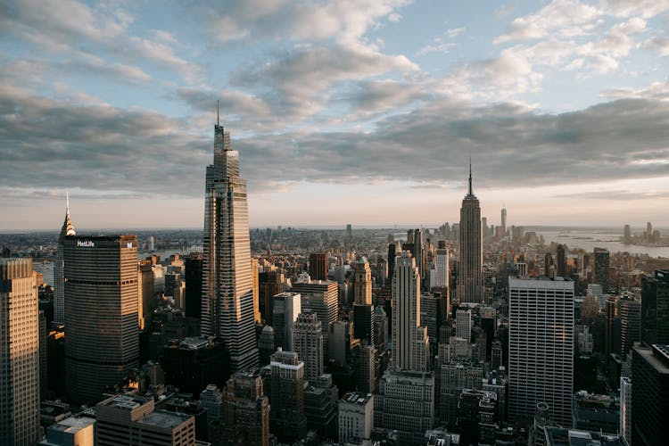 Contemporary Skyscrapers Against Sea In New York City