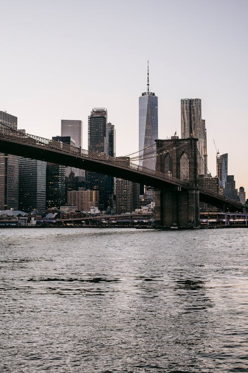 Suspension bridge over wide rippling river in modern city with skyscrapers and various high rise buildings