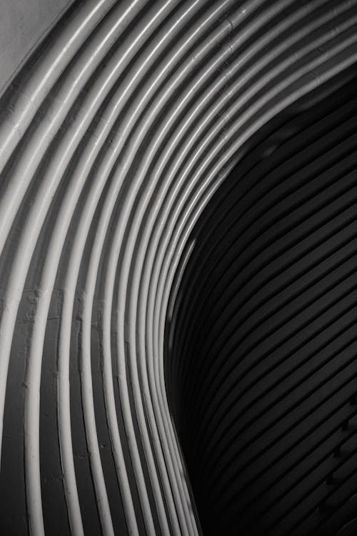Black and white of exterior of contemporary structure with curve lines in city