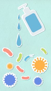 Decorative cardboard appliques of bottle with antibacterial gel and drops under various viruses and microbes