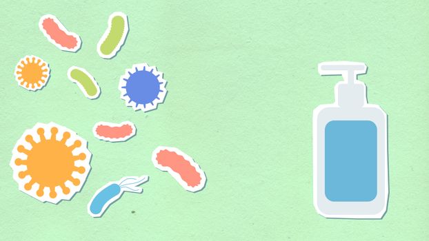An Illustration of Viruses Near Bottle Pump with Sanitizer