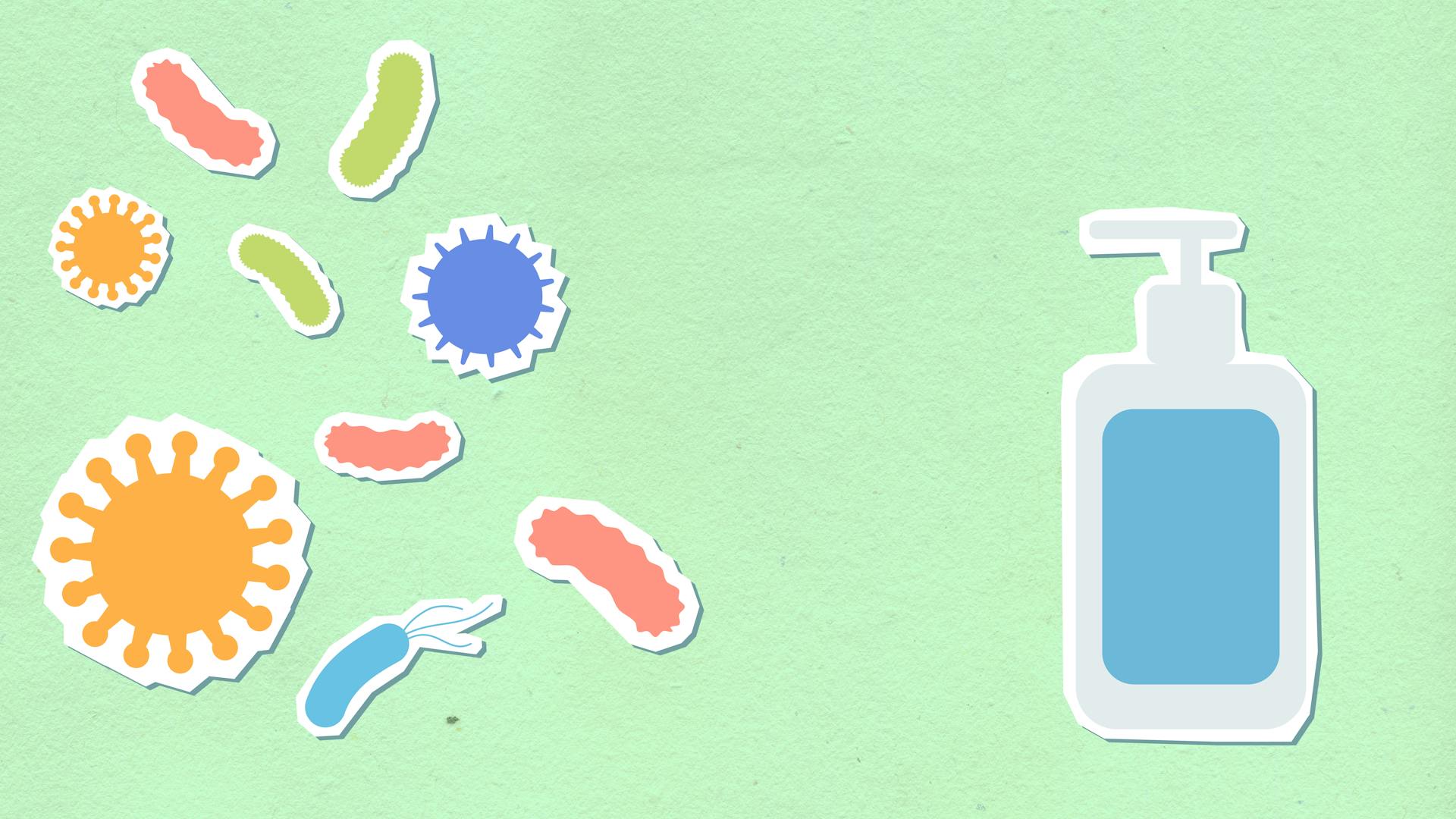 An Illustration of Viruses Near Bottle Pump with Sanitizer